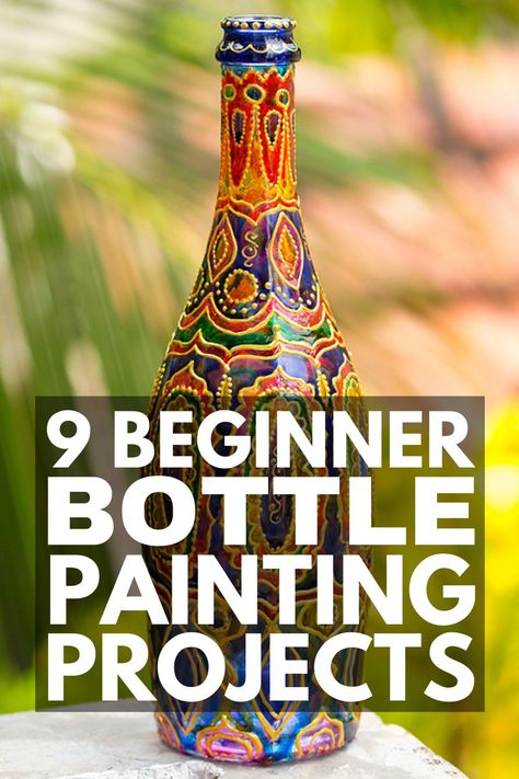 Painting Bottles And Jars, Diy Painted Jars Glass Bottles, Wine Bottle Uses Ideas, What To Make With Wine Bottles, Decorative Arts Ideas, Glass Bottle Projects, Wine Bottle Glass Painting, Recycle Glass Bottles Diy, Painting On Wine Bottles Diy