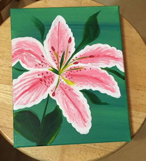 Painted Lily Flowers, Pink Theme Canvas Painting, Pink Lilies Painting, Big Canvas Flowers Painting, Simple Lily Painting, Painting Of Lily Flower, Lily Flower Painting Easy, Soo And Paint Ideas, Painting Lillies Acrylic