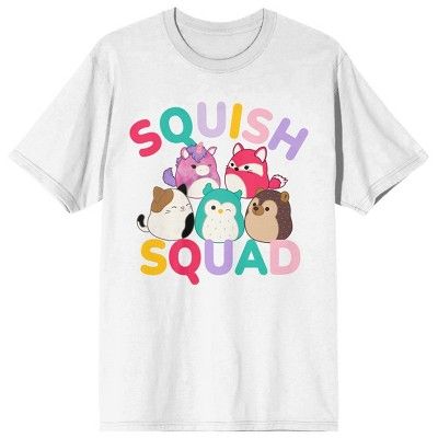 Join the Squish Squad with this Squishmallows tee. The shirt features an image of Cam the Cat, Winston the Owl, and Fifi the Fox while rainbow letters in puff print spell out, “Squish Squad.” The tee comes in a white short sleeve crew neck. Fans of the Squishmalllows characters will love this comfy cotton t-shirt. Squish Squad, Rainbow Letters, Trending Graphic Tees, Cute Squishies, Adulting Shirts, Cute Tshirts, Sleeves (women), Graphic Tee Shirts, Cool Tees