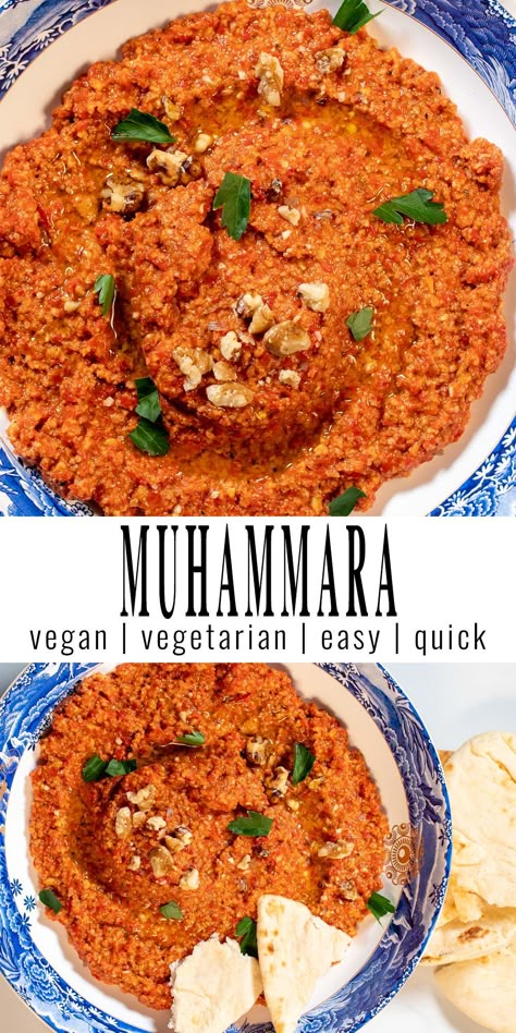 Collage of two photos of Muhammara. Top photo shows a closeup of a serving of Muhammara on a white plate. Bottom one shows a serving with bread. Both photos are separated by text with the recipe title. Vegan Australian Food, Mouhamara Recipe, Muhamarra Dip Recipe, Muhamarra Recipe, Muhammara Dip, Muhammara Recipe, Easy Mediterranean Recipes, Easy Dip, Olive Oil Garlic