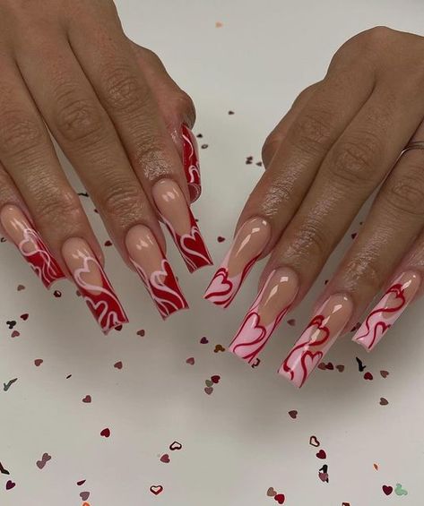 Nail inspo page 💜 on Instagram: "❤️❤️🩷🩷 By; @setsbyvia - ( Follow @jawnnails if viewing )" French Manicures, White Tips, Tapered Square Nails, 2024 Nails, Punk Nails, Romantic Nails, Abstract Nail Art, Red Valentine, Nail Designs Valentines