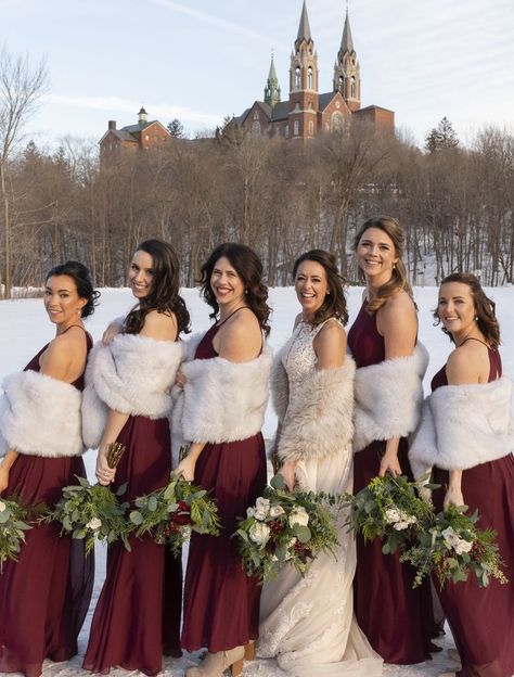 Order Number: 2199468934 Photographer: https://allyshanoellephotography.com/ @allyshanoellephotography Burgundy Bridesmaid Dresses Winter, Christmas Barn Wedding, Quinceañera Photoshoot Ideas, Maroon Bridesmaid, Christmas Wedding Inspiration, Fur Shawl Wedding, Quinceanera Photoshoot, Silver Bridesmaid Dresses, Winter Bridesmaid Dresses