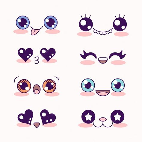 Kawaii Faces Facial Expressions, Cute Kawaii Eyes, Kawaii Eyes, Cute Cartoon Faces, Hands On Face, Vector Characters, Cartoon Expression, Cartoon Eyes Drawing, Cute Eyes Drawing