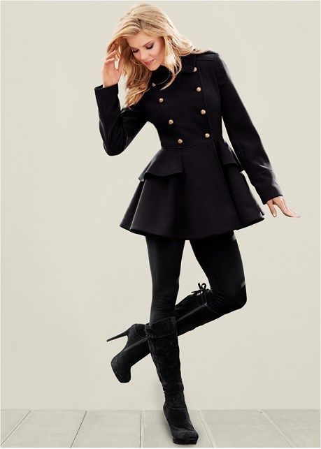 PEPLUM COAT, BASIC LEGGINGS, TIE BACK BOOT Dress Coat Outfit, Fall Jackets Outfit, Casual Fall Jacket, Venus Clothing, Womens Fall Coats, Peplum Coat, Fall Coats, Fall Fashion Coats, Venus Swimwear