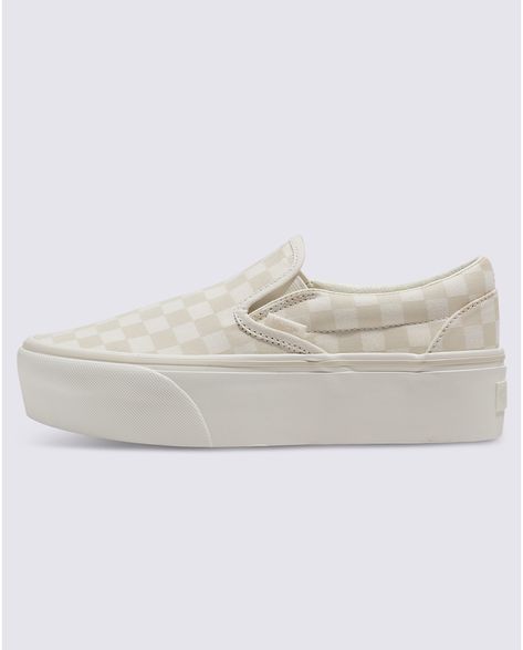 Classic Slip-On Checkerboard Stackform Shoe Cute Slip On Shoes Women, Cute Slip On Shoes, Platform Checkered Vans, Platform Vans Outfit, Mama Accessories, Cute Walking Shoes, Platform Aesthetic, Platforms Aesthetic, Womens Slip On Shoes