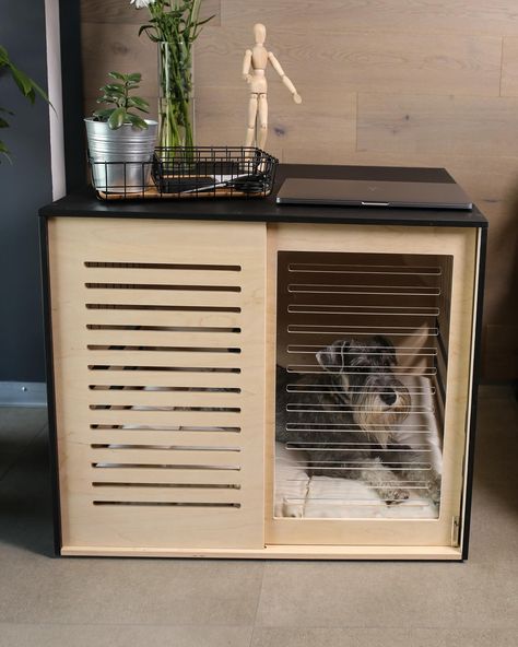 Universal wooden house for pets, plenty of space inside and can be used as a functional part of the interior 👌🏻 This modern crate gives your lovely pets their own modern, comfort and safe space. Sliding door is very convenient, especially if you don’t have a lot of space. The door slides easily and fixes in closed position with a latch, so your pet can’t open it. The crate can be used as a bedside table. It’s absolutely strong for placing goods, flower pots etc. It can be equipped with DRAWE... Modern Dog Crate, Wood Dog Crate, Indoor Dog House, Dog House Bed, Dog Cage, Dog Crate Furniture, Indoor Dog, Dog Cages, Wood Dog