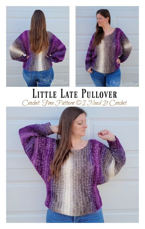 Little Late Pullover Sweater Crochet Free Pattern - Crochet & Knitting Crochet Stripped Sweater Pattern, Batwing Crochet Sweater Pattern, Crochet Batwing Sweater Pattern Free, Pullover Crochet Pattern Free, Crochet Batwing Sweater, Batwing Sweater Pattern, Oversized Pullover Sweaters, Batwing Sweater, Womens Crochet Patterns