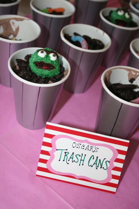 Oscar's trash cans, with chocolate pudding & gummy worms, aka Slimey Elmo Birthday Party Ideas, Elmo Birthday Party, Sesame Street Birthday Party, Elmo Party, Sesame Street Party, Elmo Birthday, Sesame Street Birthday, 2 Birthday, 2nd Birthday Parties