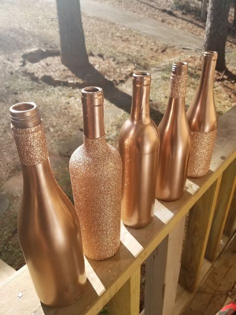 Holiday Event Decor, Glitter Wine Bottles, Glitter Vases, Wine Bottle Centerpieces, Gold Wine, Bottle Centerpieces, Wine Bottle Diy Crafts, Glitter Wine, Painted Wine Bottles