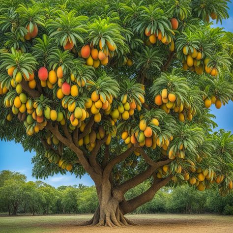 A big mango tree with lots of multicolored fruits by Apk Mod - Playground Mango Tree Painting, Mango Tree Aesthetic, Mango Tree Photography, Niamh Core, Mango Tree Images, Mango Images, Mango Plant, Mango Trees, Tree Bed