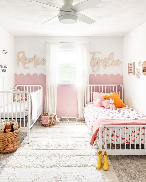 Toddler And Baby Shared Room, Sister Bedroom Ideas, Shared Room Ideas, Sisters Shared Room, Sisters Bedroom Ideas, Baby And Toddler Shared Room, Twin Girl Bedrooms, Toddler And Baby Room, Sibling Room