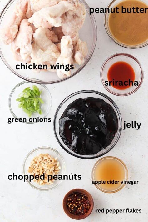 Peanut butter and jelly wing ingredients in small glass bowls. Peanut Butter Jelly Wings, Peanut Butter And Jelly Chicken Wings, Peanut Butter And Jelly Wings, Air Fry Chicken Wings, Peanut Butter Chicken, Air Fryer Chicken Wings, Air Fried Chicken, Fried Chicken Wings, Wing Sauce