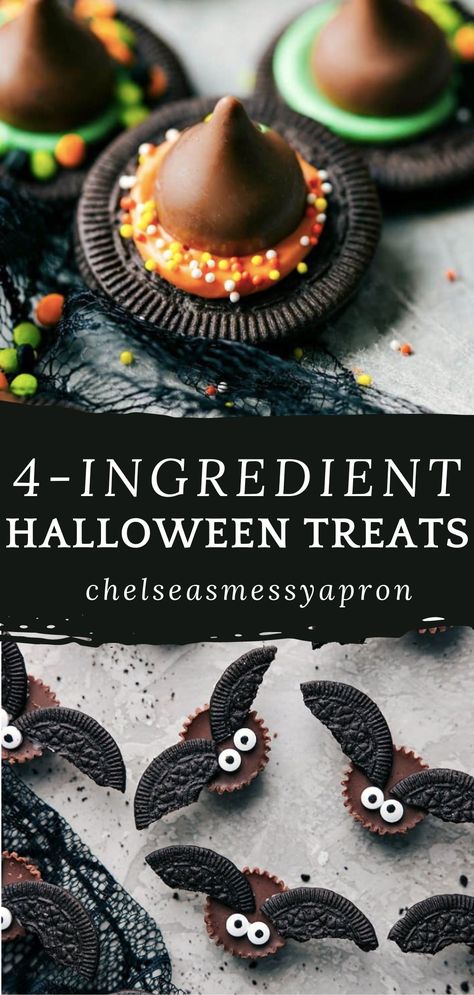 Easy Halloween Treats with 4 ingredients or less: Monster Eyeballs, Witch’s Hats, Witch’s Brooms, and Bat Bites. Simple, tasty, no baking needed. Halloween Witches Broom Treats, Halloween Witch Desserts, Witch Hat Snack, Halloween Bat Snacks, Witches Broomsticks Food, Melted Witch Bark, Witches Hat Treats, Halloween Bat Treats, Pretzel Broomstick Treats