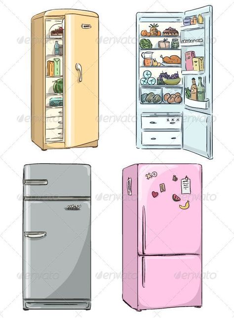 Fridge Magnets Drawing, Inside Of Fridge Drawing, Open Refrigerator Drawing, Open Fridge Illustration, Inside Fridge Drawing, Open Fridge Drawing, Freezer Illustration, Cute Kitchen Drawing, Fridge Sketch