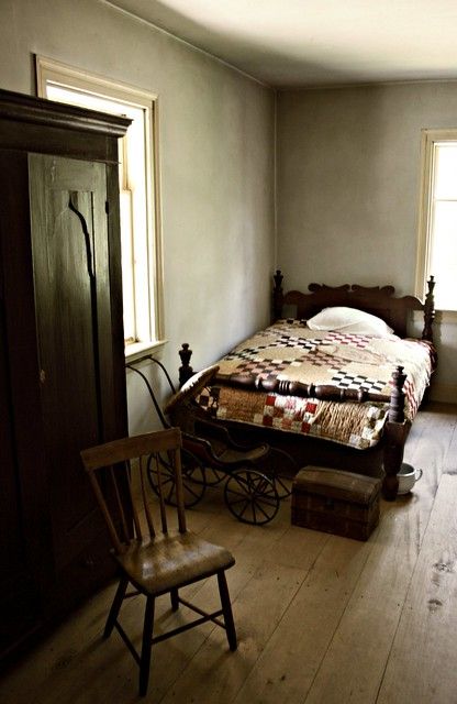 Raised Panel Walls, Colonial Bedrooms, Brown Cottage, Primitive Interiors, Styled Bedroom, Friendship Quilt, Barnwood Floors, Panel Walls, Primitive Bedroom