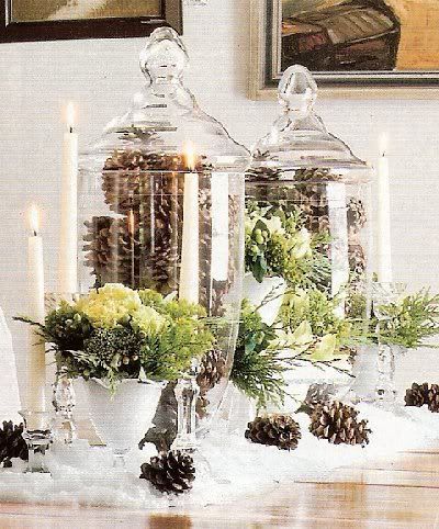 Apothecary jars filled with pine cones as part of winter tablescape Jar Filler Ideas, Winter Wedding Centerpieces, Deco Table Noel, Tafel Decor, Christmas Tablescape, Wedding Winter, Have Inspiration, Noel Christmas, Apothecary Jars