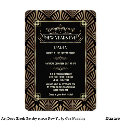 Art Deco Black Gatsby 1920s New Year's Eve Party Invitation Wedding Gatsby, Wedding Fan, Gatsby Art, 1920s Wedding, Monogram Wedding Invitations, Party Names, New Year's Eve Celebrations, Cheap Wedding Invitations, Wedding Fans