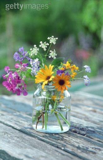 Wildflowers in a glass jar (I like this amount of flowers but would want to add rosemary) Glass Jar, Glass, Flowers