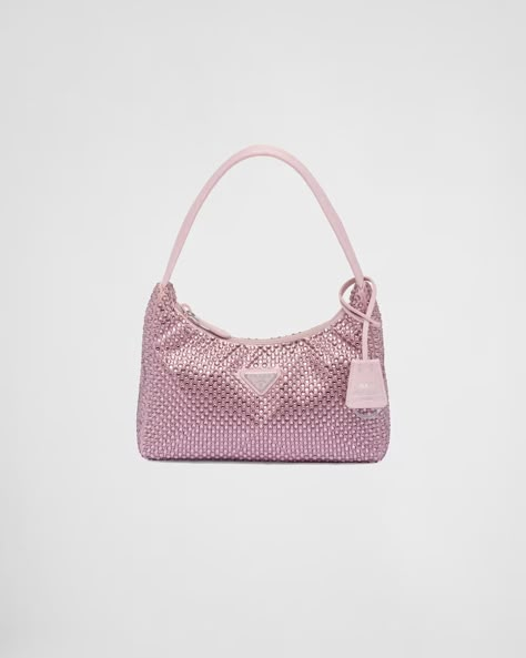 Alabaster Pink Satin mini-bag with crystals | PRADA Pink Prada Bag, Prada Re Edition 2000, Prada Mini, Prada Re Edition, Prada Collection, Sequin Bag, Crystal Bags, Satin Bags, Pretty Bags