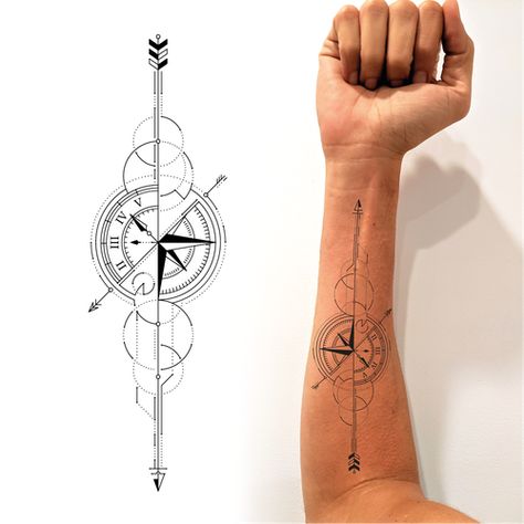 Geometric Compass Tattoo, Arrow Compass Tattoo, Geometric Compass, Geometric Arrow Tattoo, Small Wave Tattoo, Arrow Tattoo Design, Geometric Arrow, Compass Tattoo Design, Cool Forearm Tattoos