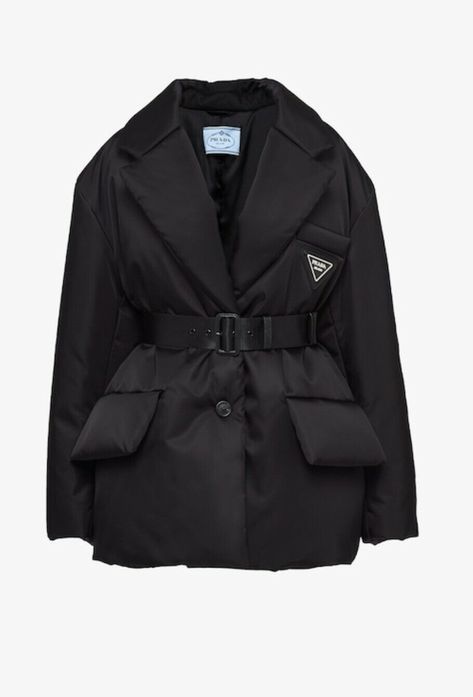 NWT Prada Reissue Nylon Belted Puffer Blazer in Size 38/S Black~HOTTEST/SOLDOUT. 100% Authentic! New with tags Never worn Comes with Prada hanger and dustbag Hardest jacket to find in small!! Oversized blazer puffer with puff pockets, back vent, buttons at sleeves and in front and a mesh adjustable belt for fit! Rubber Prada placket on chest pocket! So warm down filled Will keep it if I don’t sell it!!! NO RETURNS! See my reviews! Helps to know seller! All things I sell are my own purchased and Prada Outfits, Prada Coat, Saint Laurent Shirt, Prada Jacket, Png Clothes, Silk T Shirt, Miuccia Prada, Belted Jacket, Oversized Blazer