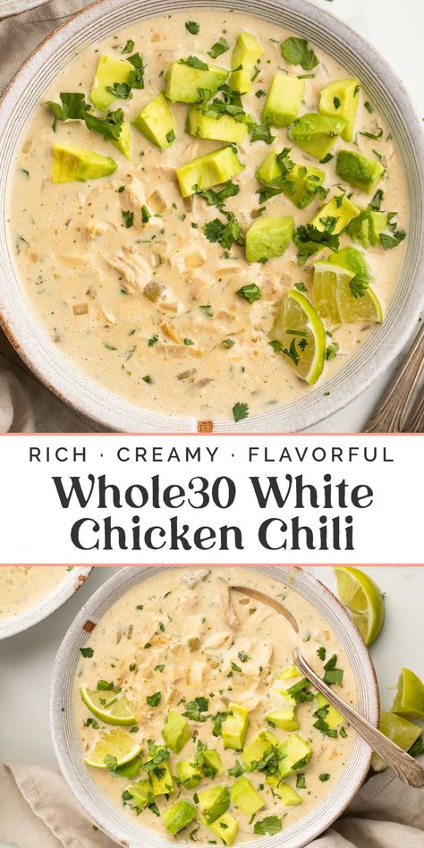 This white chicken chili is super rich and creamy, with tons of flavor, AND it’s Whole30 compliant! Dairy-free, grain-free, and gluten-free, this soup recipe fits perfectly into a round, and your family wouldn’t even know it’s paleo. Quick and easy to make in under 30 minutes, too! Whole30 Chicken Chili, Paleo Chicken Crockpot Recipes Whole 30, Whole 30 White Chicken Chili Instant Pot, Lactose Free White Chicken Chili, White Chicken Chili Whole 30 Crock Pot, Whole 30 Chicken Chowder Recipe, White Chicken Chili Aip, Mediterranean White Bean Chicken Chili, Shredded Chicken Whole 30 Recipes