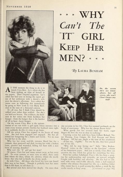 1920s Aesthetic, The It Girl, English Projects, Clara Bow, Movie Magazine, Season Of The Witch, Old Magazines, Magazine Articles, Old Soul