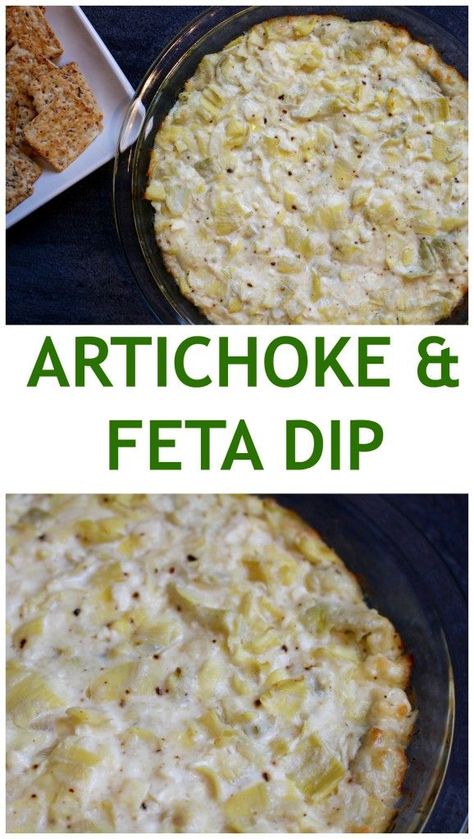 Artichoke feta dip is a savory, creamy hot appetizer perfect for any party or celebration. Serve with crackers, crusty bread, or mix in mini phyllo cups! @MomNutrition Mom To Mom, Phyllo Cups, Hot Appetizers, Feta Dip, Artichoke Dip, Crusty Bread, Appetizer Dips, Dip Recipes, Yummy Appetizers