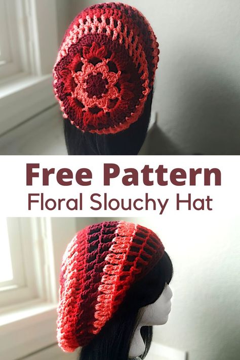 You don't have to put down your crochet hook just because the weather is getting warmer. Try this easy & free slouchy crochet hat. The center has a beautiful flower motif. Don't worry, this crochet hat pattern is simple. If you can crochet a granny square than you can complete this summer crochet project.  #Crochetslouchyhat #crochethat #crochetsummerproject Summer Slouchy Hat Crochet Pattern Free, Quick Crochet Projects Free Simple, Granny Square Slouchy Hat Free Crochet, Half Skein Crochet Project, Crochet Rasta Hat Pattern Free, Crochet Crazy Hats, Crochet Flower Hat Pattern Free, Goblincore Crochet Patterns, Cute Crochet Beanie Pattern Free