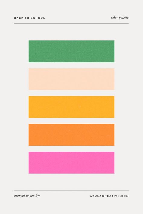 To celebrate the beginning of a new school year, I created a young and energetic color palette based on a classic no. 2 pencil. It features “ferrule” green, cedar (a peachy, wood hue), yellow, orange, and eraser pink. Click to get the FREE color sheet! Orange Color Combinations, Surface Pattern Design Inspiration, Orange Palette, No 2 Pencil, Modern Brands, Orange Color Palettes, Yellow Colour Scheme, Color Palette Yellow, Pink Palette