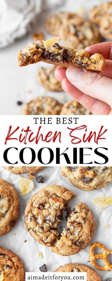 These Kitchen Sink Cookies are loaded with everything but the kitchen sink! Featuring a rich, buttery dough, melty chocolate chips, toffee bits, crunchy pretzels, and salty potato chips, my kitchen sink cookie recipe is one for the books. Kitchen Sink Cookie Recipe, Kitchen Sink Cookies Recipe, Sink Cookies, Kitchen Sink Cookies, Salty Cookies, Everything But The Kitchen Sink, Gluten Free Pretzels, Best Kitchen Sinks, Dairy Free Cookies