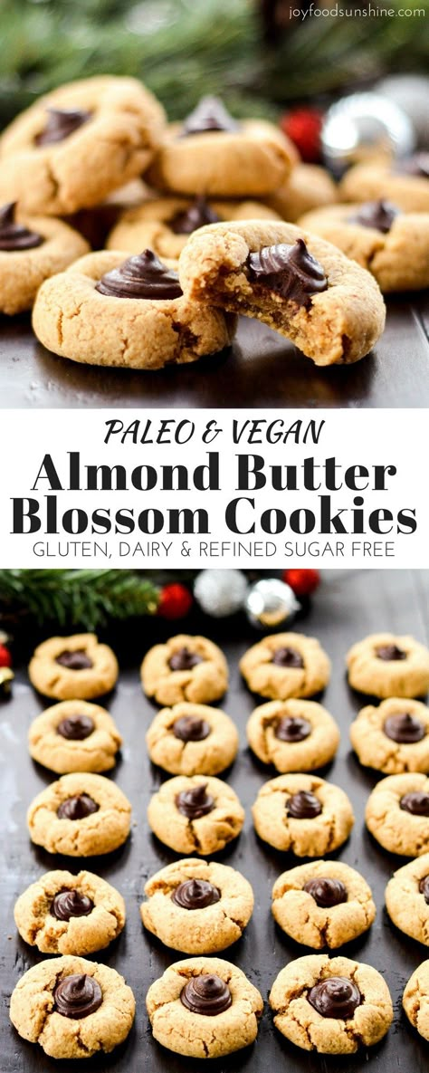 Almond Butter Blossom Cookies! This recipe is easy and healthy! Paleo, vegan, gluten-free, dairy-free and refined sugar free! Paleo Christmas Cookies, Dairy Free Bread, Weight Watcher Desserts, Dairy Free Snacks, Paleo Cookies, Blossom Cookies, Dairy Free Breakfasts, Paleo Baking, Dairy Free Diet