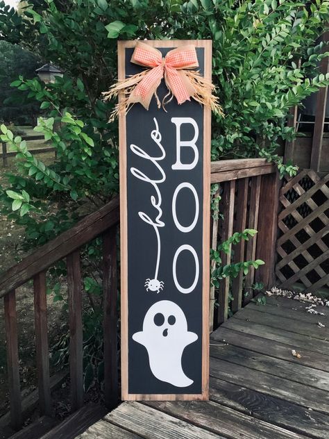 Four Foot Hello Boo Porch Sign Halloween Decor Fall Porch Leaner - Etsy Cute Trick Or Treat Signs, Diy Sale Items Ideas, Fall Porch Diy Decor, Welcome Porch Leaner Sign, Halloween Porch Decor Ideas, Fall Halloween Front Porch Decor, Halloween Door Leaner, Fall Outdoor Signs Front Porch, Fall Welcome Signs For Porch Diy