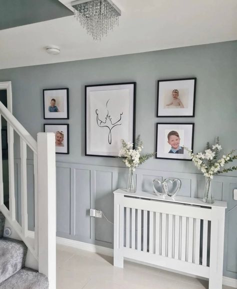 Best panelling ideas for your hallway – Style your Sanctuary Panelled Wall Hallway, Blue Bedroom Panelling Ideas, Stair Panelling Colour Ideas, Hallway Ideas Blue, Grey Panelling Hallway, Hallway Wall Color Ideas, Hallway Cladding, Feature Hallway, Panelled Walls Hallway