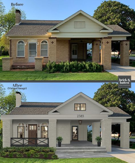 18 Front Door Ideas to Make Your Home Stand Out in 2021 | brick&batten Monochromatic House Exterior, Front Of House Makeover, Green Monochromatic, Front Door Ideas, Painted Brick House, House Makeovers, Monochromatic Color Palette, Home Exterior Makeover, Exterior Renovation