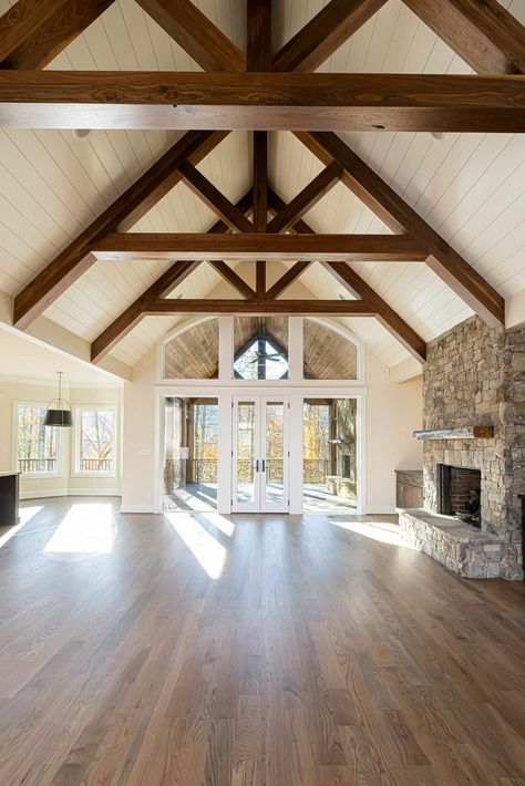 Great Room Addition, Cathedral Ceiling Living Room, Barn Style House Plans, Farmhouse Style House Plans, Barn Style House, Barn House Plans, Cathedral Ceiling, Farmhouse Style House, House Goals