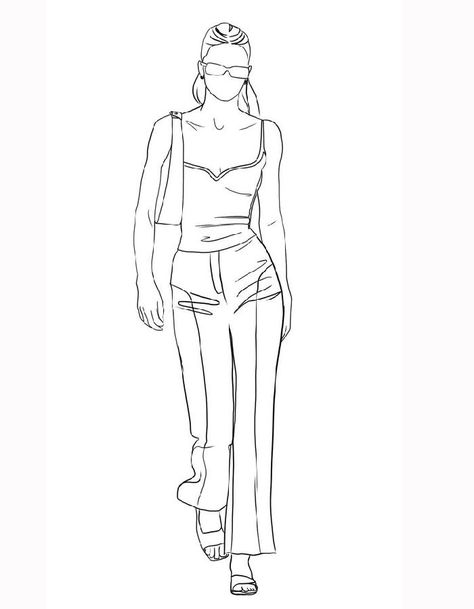 Fashion Coloring Pages Outfit Outline Drawing, Girl Walking Drawing, Person Walking Drawing, Fashion Coloring Pages, Jeans Drawing, Person Walking, Fashion Coloring Book, Fashion Design Books, Model Sketch