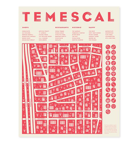 Logo and Identity for the Oakland neighborhood of Temescal. Created an icon library to illustrate the diverse nature of the area for use in the subsequent media. Insider guide / map for visitors and posters for local events. Maps Illustration Design, Bus Map, Icon Library, Association Logo, Neighborhood Association, Data Map, Logo And Identity, Neighborhood Guide, Location Map