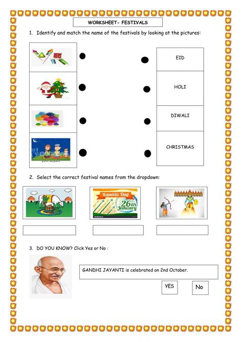 Festival Worksheets For Grade 1, Festivals Of India Worksheet, Evs Worksheet, Worksheet For Class 2, Festival Names, Dictionary Skills, Worksheets For Class 1, Kindergarten Phonics, National Festival