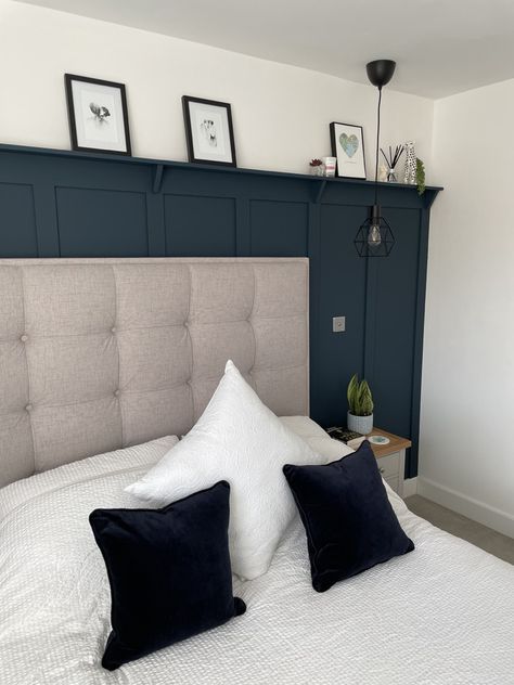 Grey Bedroom Wall Panelling, Navy Bedroom Panelling Wall, Navy Wood Panelling Bedroom, Navy Blue Wall Paneling Bedroom, Navy Bedroom Wall Decor, Dark Blue And Neutral Bedroom, Hague Blue Panelling Bedroom, Lick Blue 07 Paint, Dark Blue Panelled Bedroom