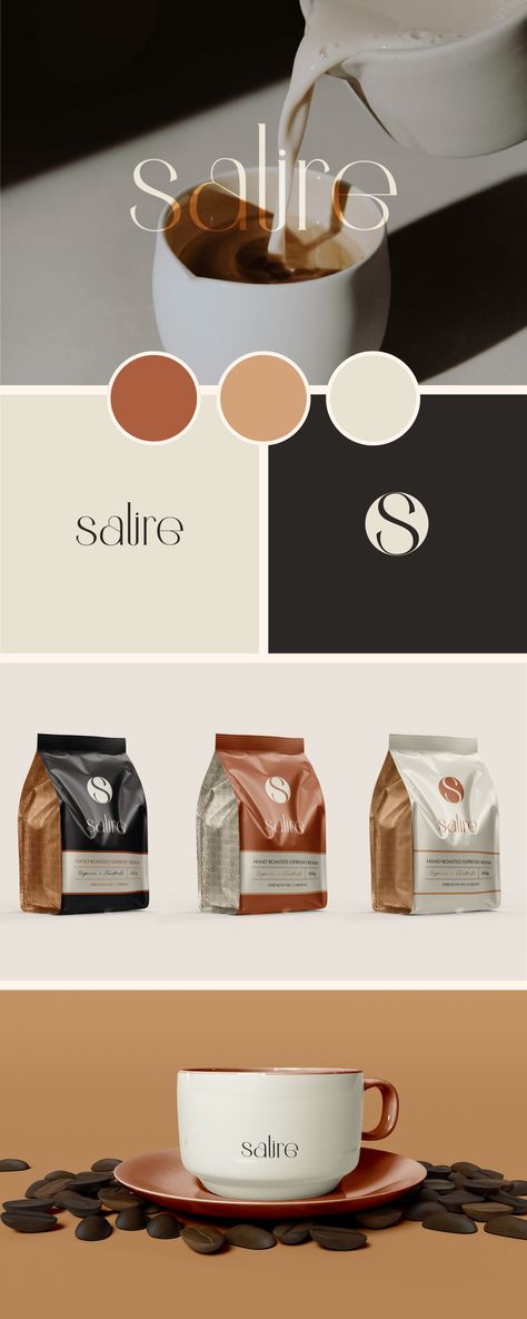 Luxury & Modern Brand Board for Salire Coffee Luxury Coffee Branding, Luxury Coffee Packaging Design, Cafe Branding Design Packaging, Color Palette For Coffee Brand, Coffee Shop Brand Identity, Coffee Logo Branding, Coffee Shop Branding Design, Coffee Brand Identity, Coffee Logo Design Ideas