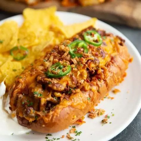 Next Level Chili Cheese Dogs | Don't Go Bacon My Heart Chilli Cheese Dogs, Baked Chili Cheese Dogs, Sausage Tray Bake, Chili Dog Chili Recipe, Hot Dogs Recipes, Cheese Homemade, Chili Cheese Dogs, Hot Dog Chili, Cheese Dog