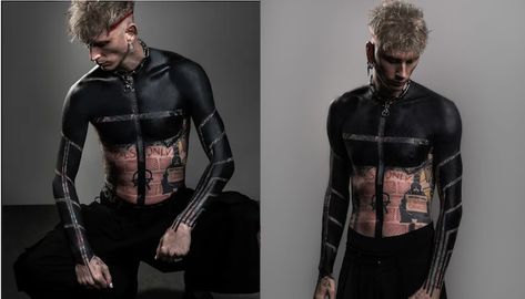 Machine Gun Kelly Gets Blackout Tattoo Over Upper Half of His Body - The Source Blackout Tattoo, G Man, Tattoo Work, The Source, Upper Body, Solid Black, Tattoo Artists, Tattoos, Quick Saves