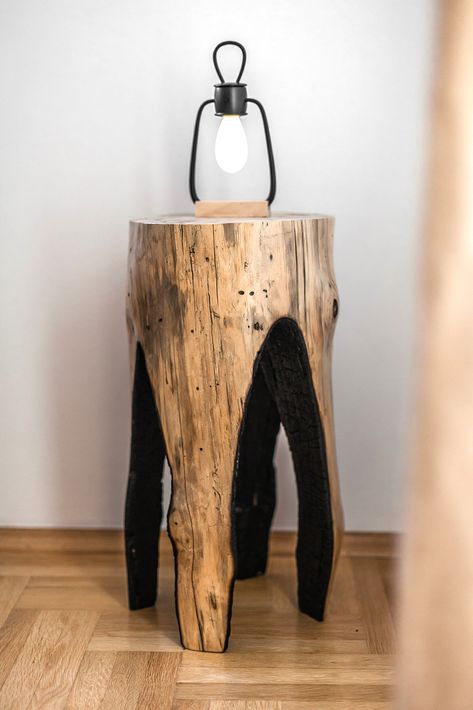 "Tree Stump End Table, Wood Stool Table, Bedside Wood Table ☯ Bring the nature in with the rustic Natural Burned Tree Stump Side Table! ☯ A versatile piece, perfect  for use as a side table or stool, bedroom night stand or end table, bath shelves or seating, plant stand, pedestal for art, you name it.... Just rotate the piece and choose your favorite side, for each side makes it look like an entirely different piece! Suitable for indoor and outdoor use. These trees have been gleaned from tree re Wood Stump Side Table, Tree Stump Coffee Table, Log End Tables, Bath Shelves, Stump Side Table, Stump Coffee Table, Log Decor, Stool Bedroom, Tree Stump Side Table