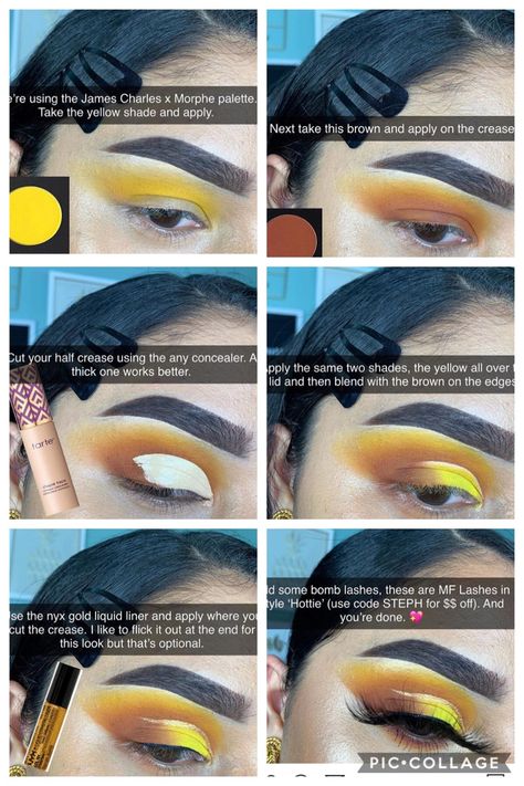 Yellow Makeup Looks Step By Step, Rainbow Eyeshadow Looks Step By Step, James Charles Palette Looks, Quince Makeup, Eyeshadow Guide, Sunset Eyeshadow, Bang Hair, Yellow Eye Makeup, Eyeshadow Step By Step