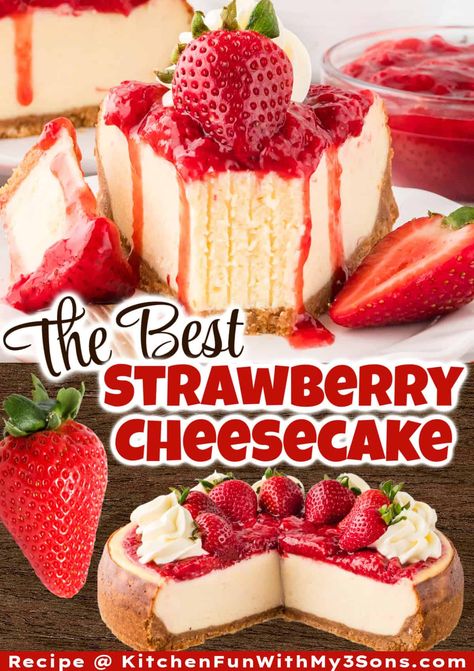 This Strawberry Cheesecake recipe features a smooth, creamy cheesecake filling topped with strawberry sauce and whipped cream in a thick graham cracker crust. Fresh strawberries and that classic sweet-tangy flavor make this cheesecake a favorite! #cheesecakerecipes #strawberrydesserts Flavored Cheesecake Recipes Easy, Cheesecake Recipes With Premade Crust, Strawberry Cheesecake Recipes Easy Homemade, How To Make Strawberry Cheesecake, Strawberry Swirl Cheesecake Recipe, Strawberry Cheesecake Recipe Easy No Bake, Baked Strawberry Cheesecake, Easy Strawberry Cheesecake Recipes, Cheesecake Recipe With Premade Crust