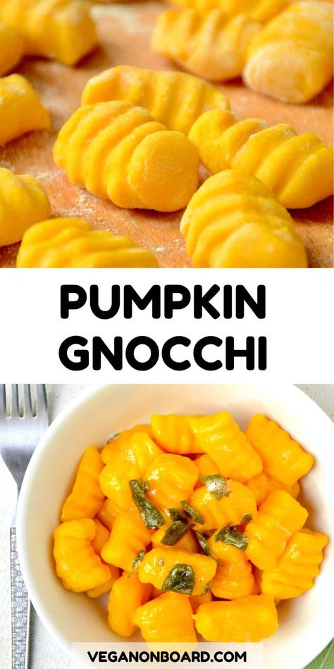 These easy pumpkin gnocchi need just a few ingredients to create a delicious autumnal meal. This recipe will show you how to make your own gnocchi, and a simple vegan sage butter to cover them in! Try these pumpkin gnocchi for a tasty fall dinner! Sweet Potato Pumpkin Gnocchi, Pumpkin Puree Gnocchi, Egg Free Gnocchi Recipes, Dinner No Meat Recipes, Butter Pumpkin Recipes, Dinner Recipes Autumn, Roasted Pumpkin Recipes Healthy, Baked Pumpkin Recipes Dinner, Dinner Pumpkin Recipes