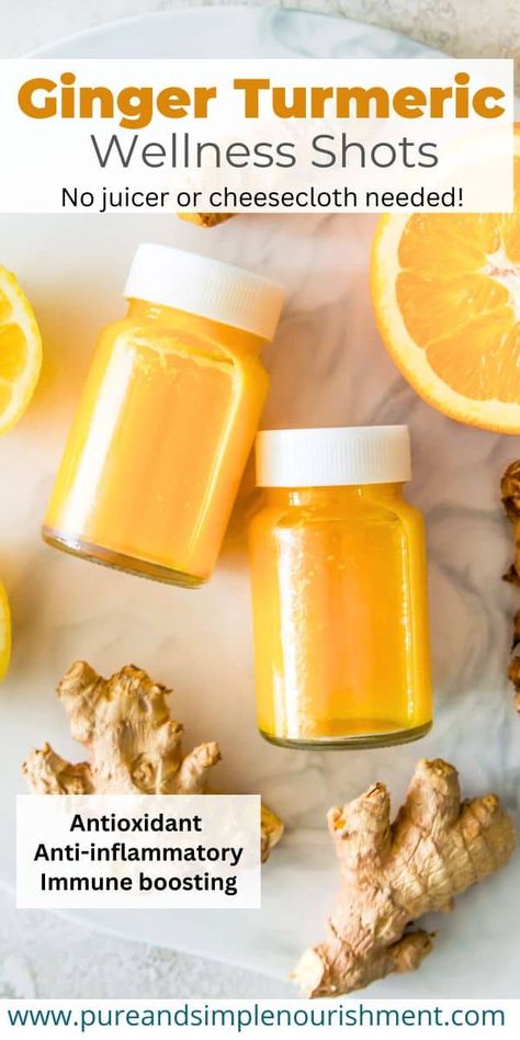 These are the best homemade ginger turmeric shots! This easy recipe is made with simple ingredients including orange juice, lemon juice, fresh ginger, fresh turmeric and honey and you don't need a juicer or cheesecloth to make them. These shots can help decrease inflammation and boost your immune system and have many other potential health benefits including helping decrease pain and cholesterol levels. They can also aid digestion and are great for gut health. Ginger Shot Recipe, Turmeric Shots, Turmeric And Honey, Wellness Shots, Ginger Shot, Fresh Turmeric, Ginger Turmeric, Shot Recipes, 140 Pounds