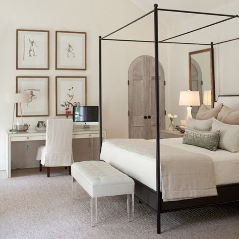 Remember this room redo we did a month or so ago? Well we're talking about that gorgeous tufted bench with lucite legs today on the blog. $2606 vs $299 pretty huge savings wouldn't you agree?  #CopyCatChic Four Poster Bed, Four Poster, Neutral Bedroom, Poster Bed, Romantic Bedroom, Dreamy Bedrooms, Room Redo, Canopy Bed, White Furniture