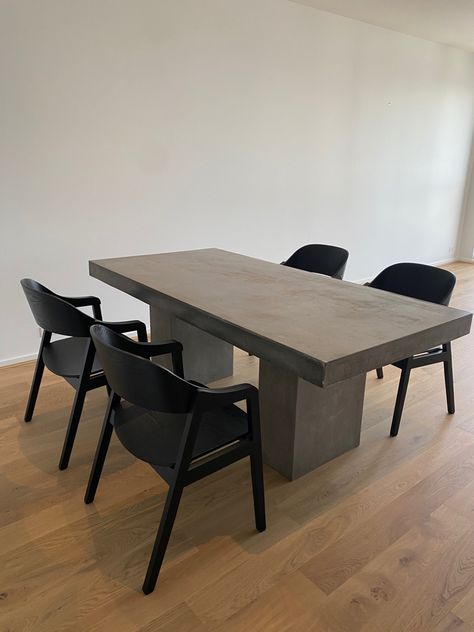 Brutalist, contemporary, bauhaus, Art Deco, dining room, living, interior design, lifestyle, inspo, brutalism, furniture design, timber flooring, apartment, home Dining Table Black Chairs, Cement Dining Table, Table Black Chairs, Dining Room Inspo, Dining Table Small, Concrete Dining Table, Wooden Dining Chairs, Black Chair, Dining Table Black